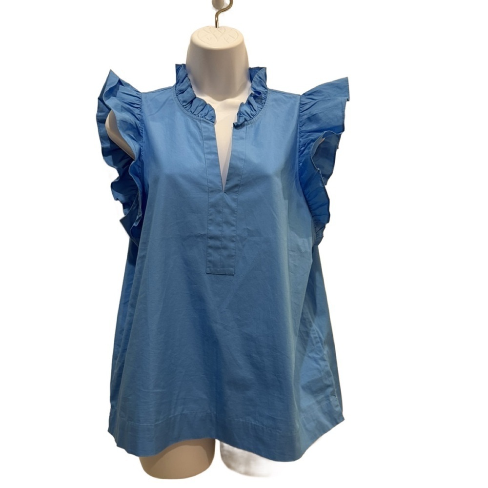 Lilly Pulitzer Blue Flutter Sleeve Blouse with Mandarin Collar